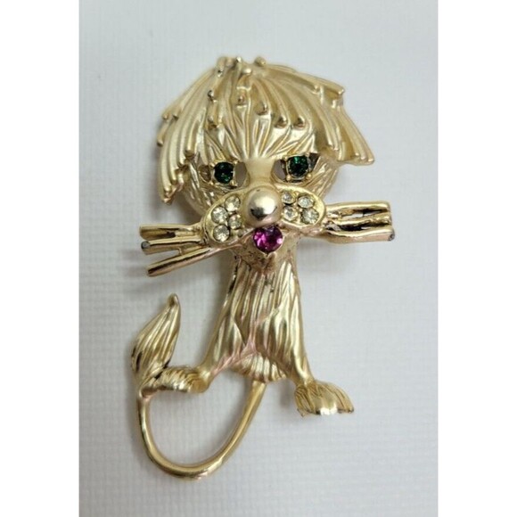 Vintage BSK Gold Tone Lion Brooch‎ w. Rhinestones - Picture 1 of 6